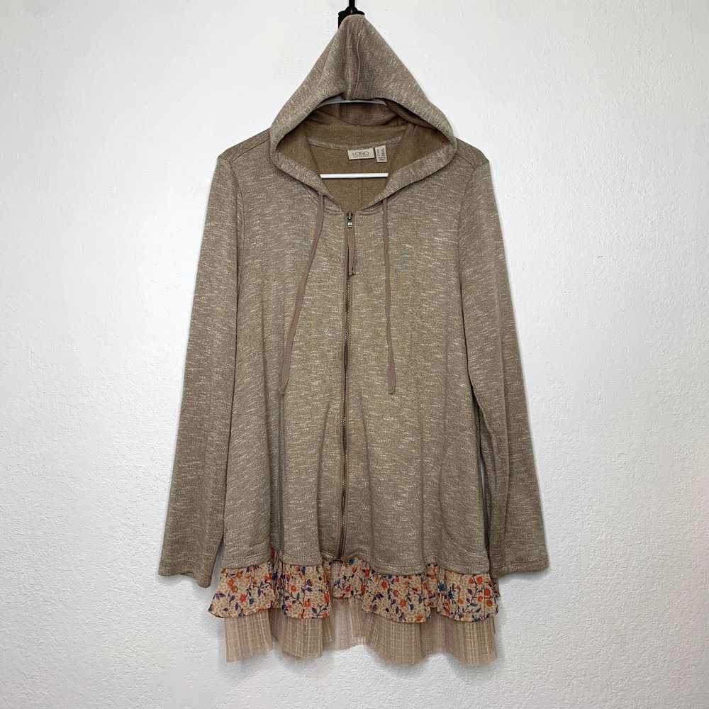 LOGO Lori Goldstein Hooded Zip Up Sweater Hoodie Heathered Knit Ruffle Brown 1X